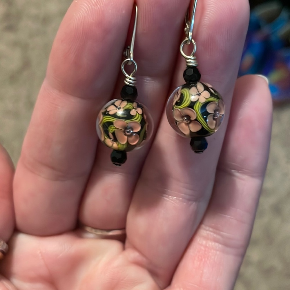 Lampwork peach and black floral earrings